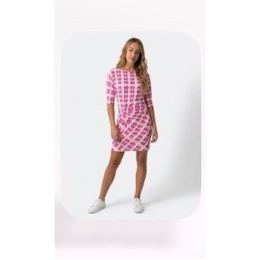 BCBGMAXAZRIA Dress Womens Size M Pink White Abstract Knot Front Shift - Picture 10 of 10